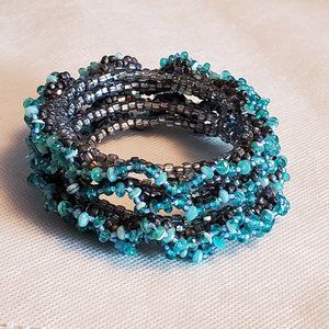 Blue and Grey Seed Bead Wrap Style Bracelet Simple